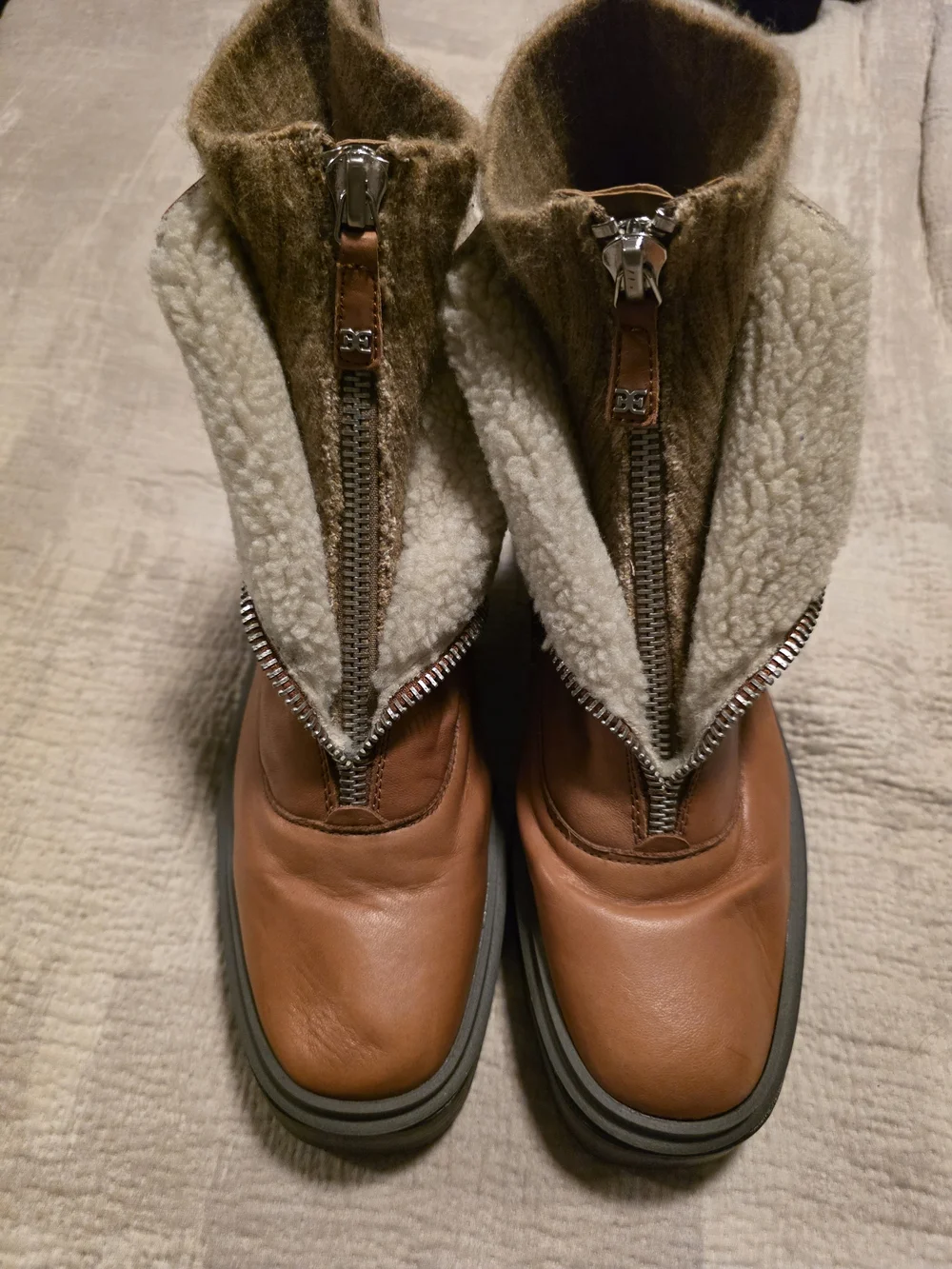 Sam Edelman Tan Leather Shearling-Trim Platform Ankle Boots